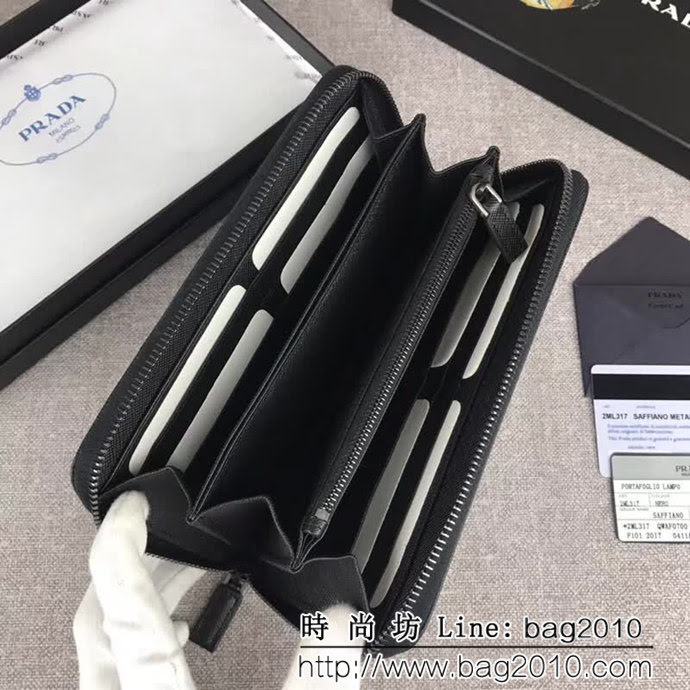 PRADA普拉達 官網同步 爆款 十字紋牛皮 男士單拉鏈錢包 2ML317 DD1878